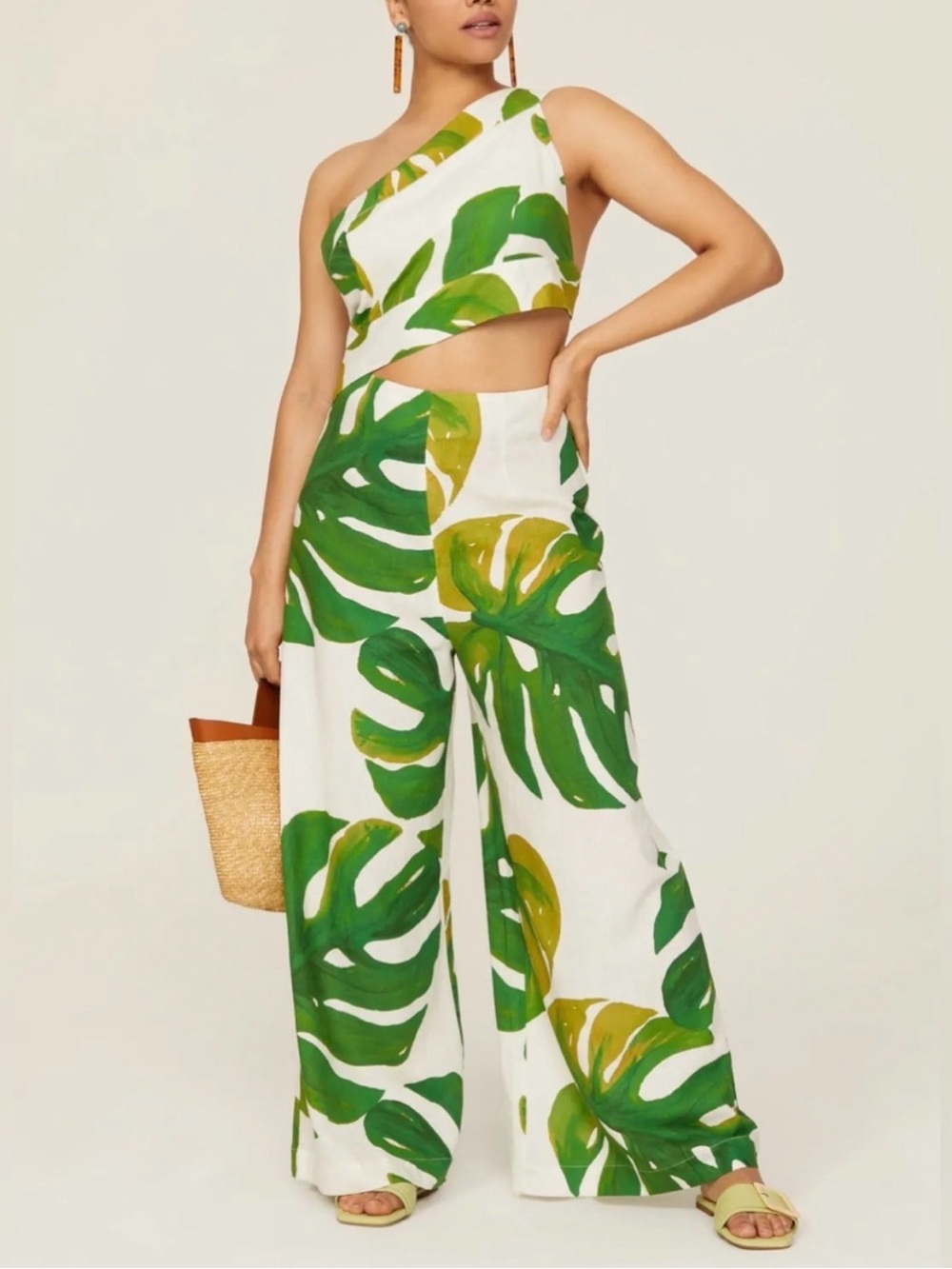 FARM Rio White One-Shoulder Tropical Leaf Cutout Jumpsuit L